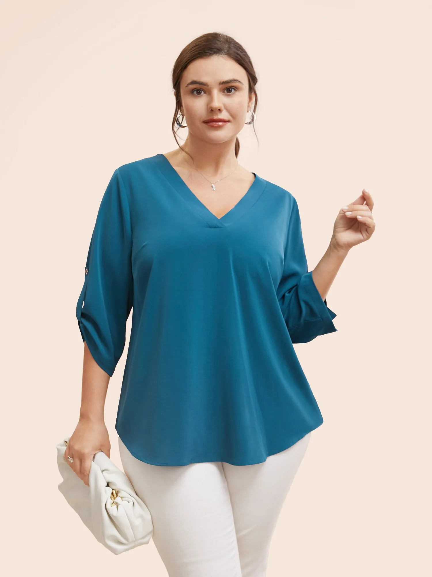 Solid Cuffed Sleeve Gathered Curved Hem Blouse sold by Bloomchic product image thumbnail 3