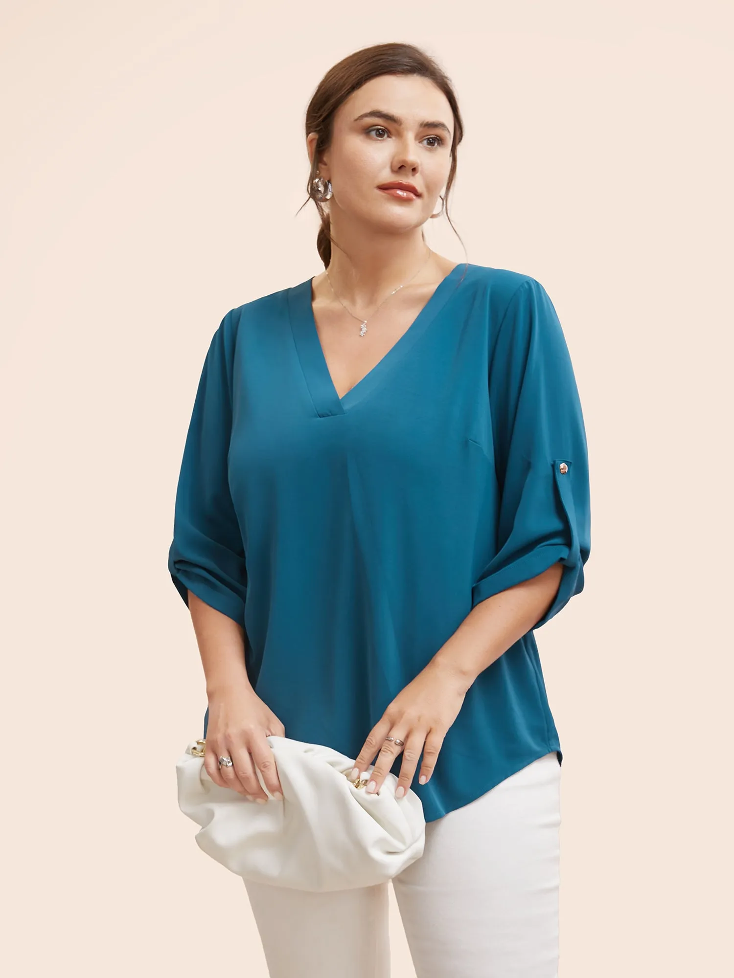 Solid Cuffed Sleeve Gathered Curved Hem Blouse sold by Bloomchic