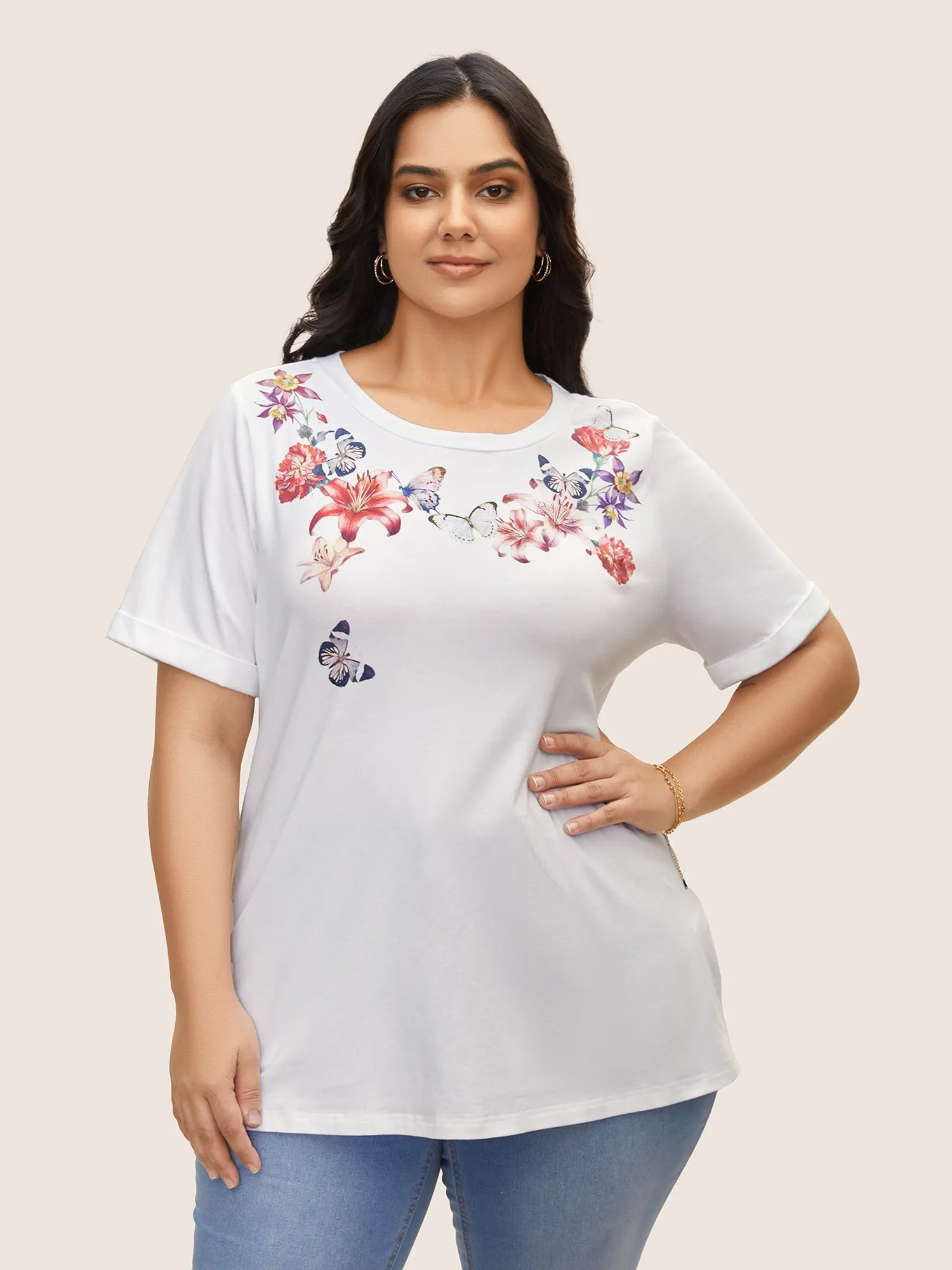 Cotton Natural Flowers Print Round Neck T-shirt sold by Bloomchic product image thumbnail 2