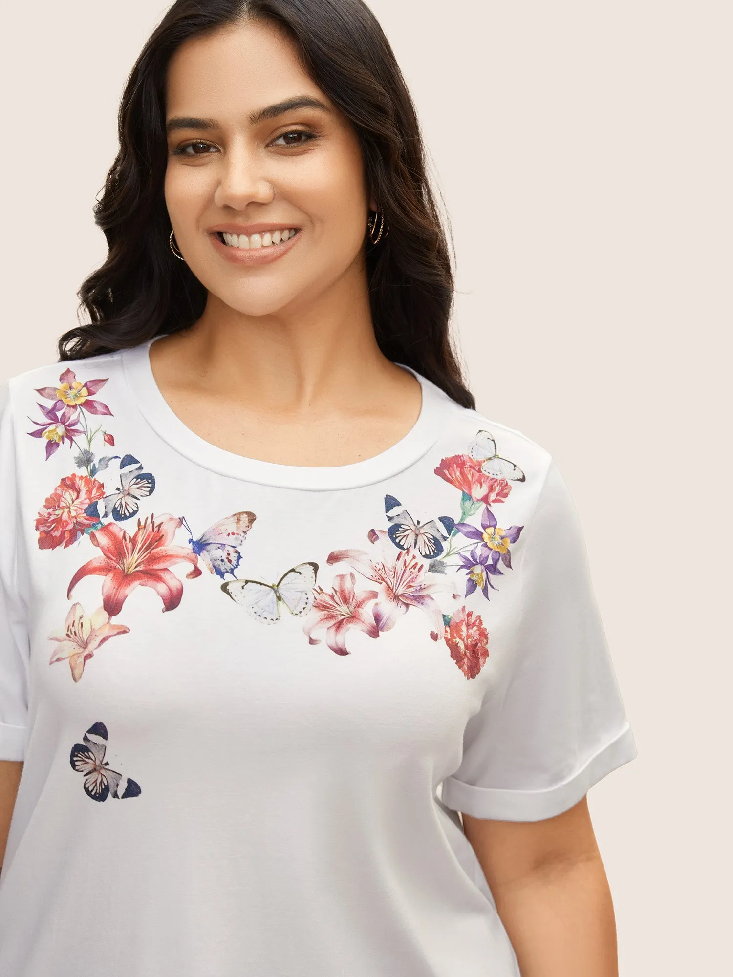 Cotton Natural Flowers Print Round Neck T-shirt sold by Bloomchic