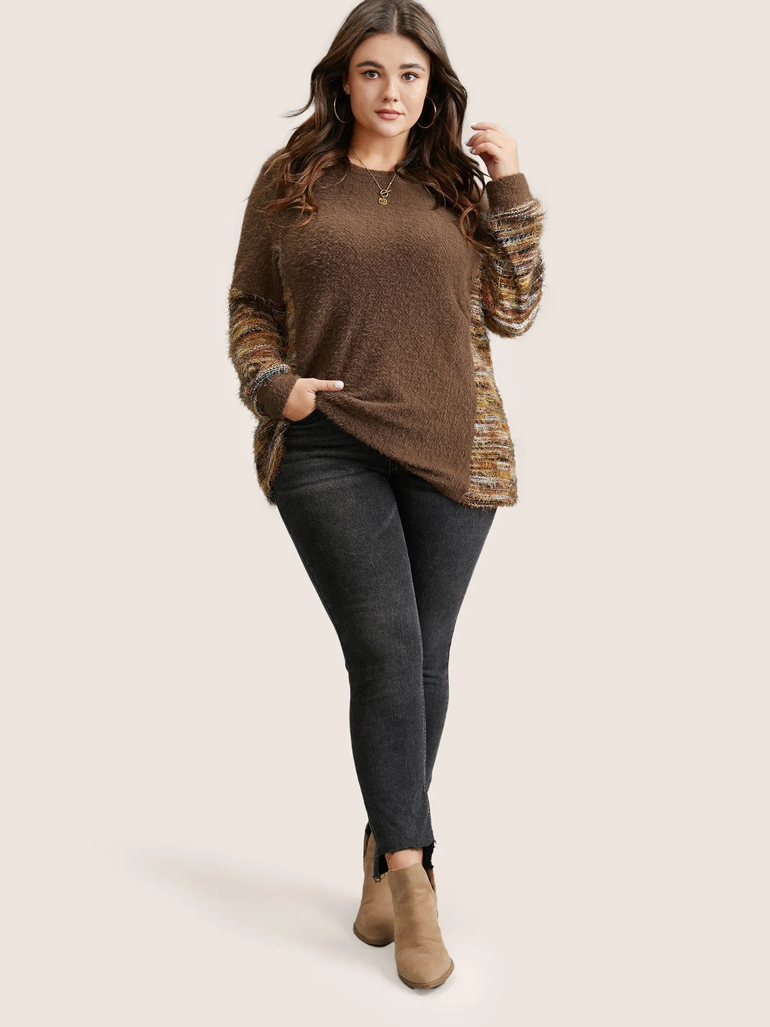 Round Neck Patchwork Heather Fluffy Sweatshirt sold by Bloomchic product image thumbnail 5