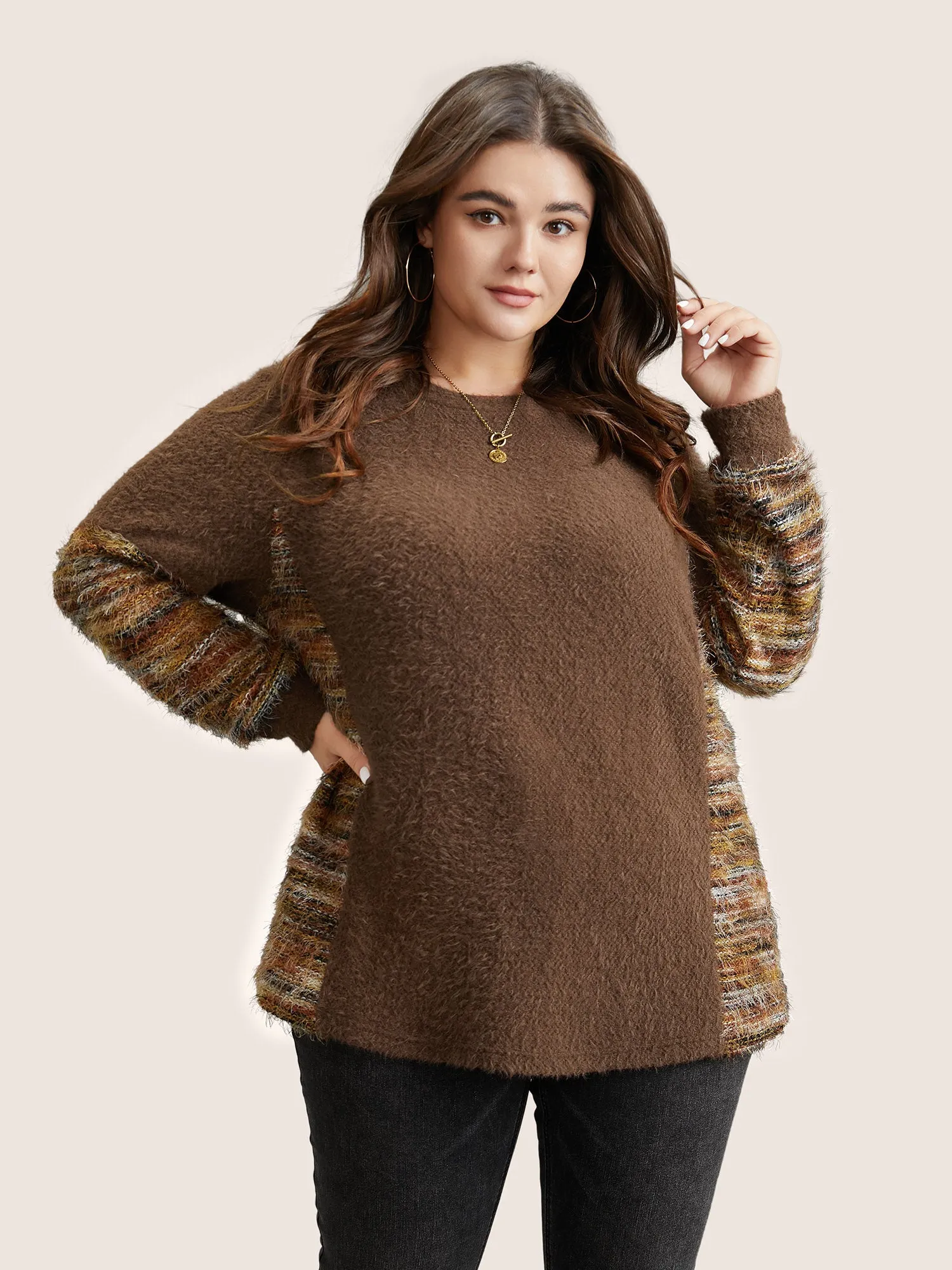 Round Neck Patchwork Heather Fluffy Sweatshirt sold by Bloomchic product image thumbnail 4