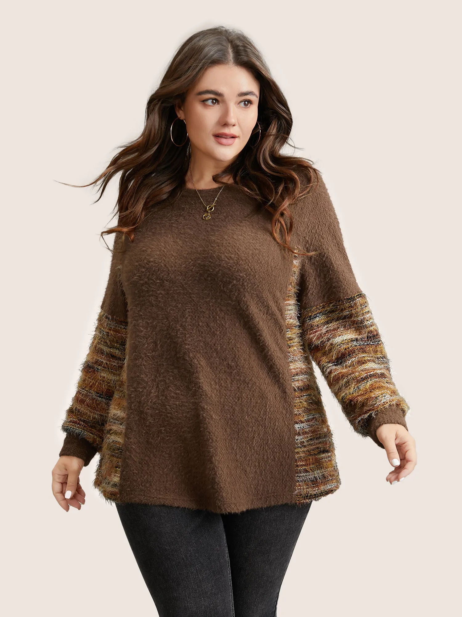Round Neck Patchwork Heather Fluffy Sweatshirt sold by Bloomchic