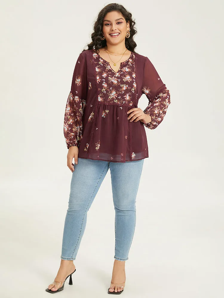 Floral Print Mesh Lace Patchwork Lantern Sleeve Blouse sold by Bloomchic product image thumbnail 4