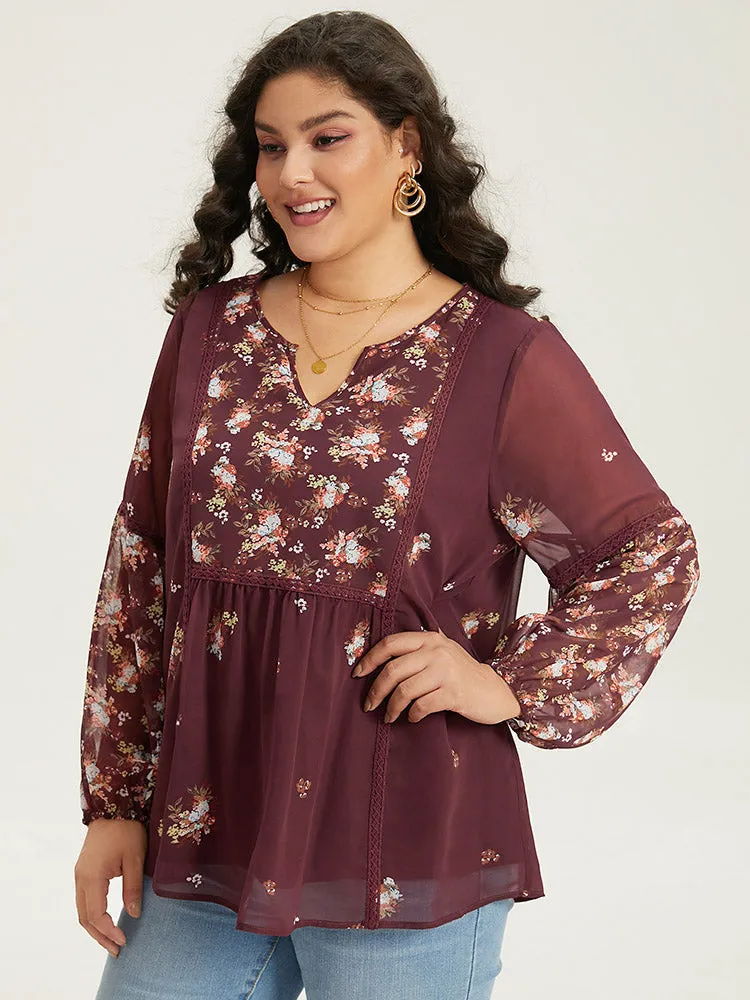 Floral Print Mesh Lace Patchwork Lantern Sleeve Blouse sold by Bloomchic product image thumbnail 3