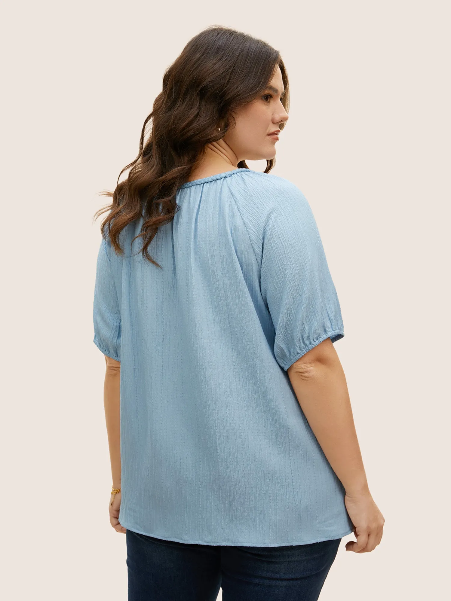 Plain Textured Woven Ribbon Keyhole Blouse sold by Bloomchic product image thumbnail 4