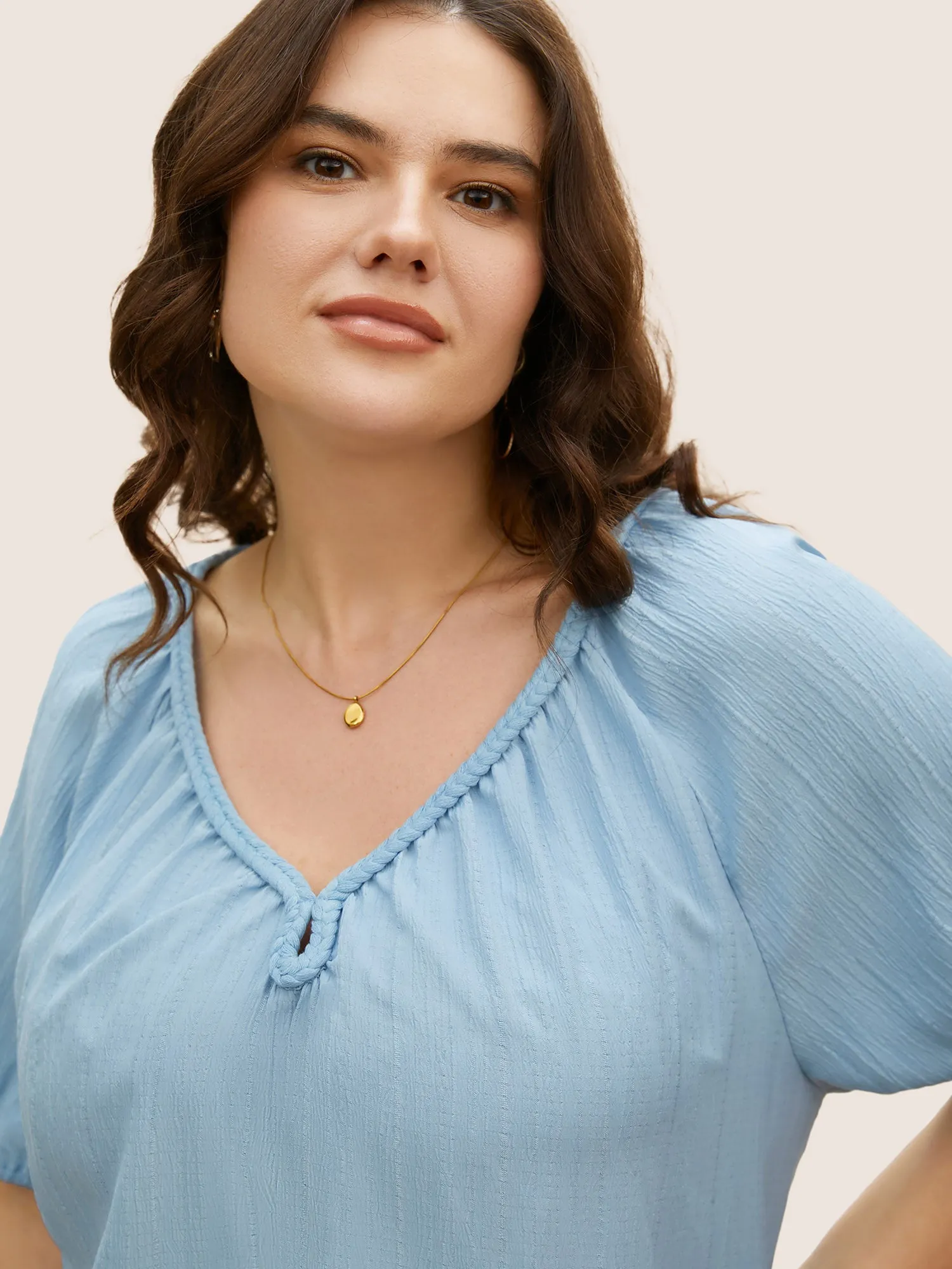 Plain Textured Woven Ribbon Keyhole Blouse sold by Bloomchic product image thumbnail 3