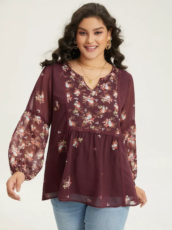 Floral Print Mesh Lace Patchwork Lantern Sleeve Blouse sold by Bloomchic