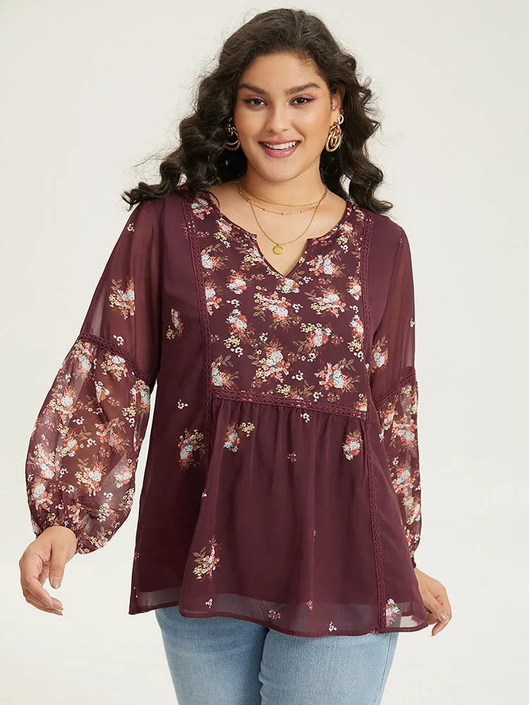 Floral Print Mesh Lace Patchwork Lantern Sleeve Blouse sold by Bloomchic