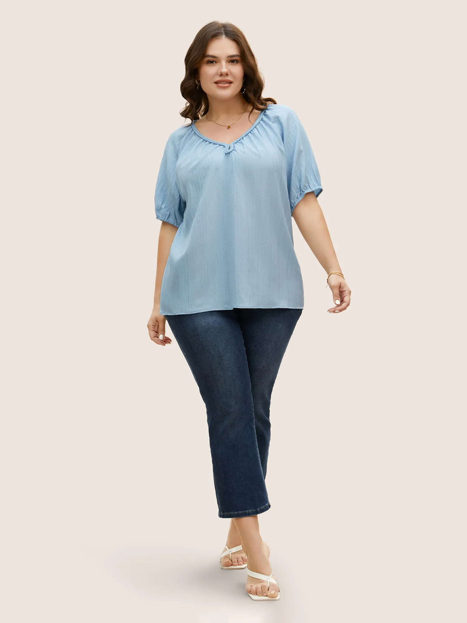 Plain Textured Woven Ribbon Keyhole Blouse sold by Bloomchic product image thumbnail 2