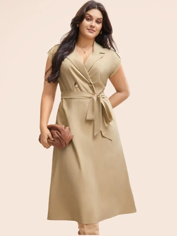 Suit Collar Plain Belted Midi Dress sold by Bloomchic