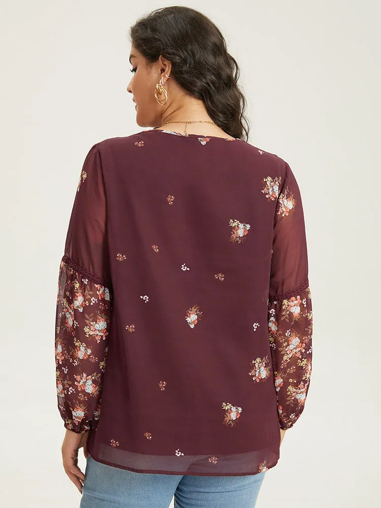 Floral Print Mesh Lace Patchwork Lantern Sleeve Blouse sold by Bloomchic product image thumbnail 5