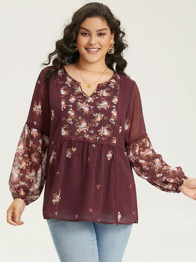 Floral Print Mesh Lace Patchwork Lantern Sleeve Blouse sold by Bloomchic product image thumbnail 2