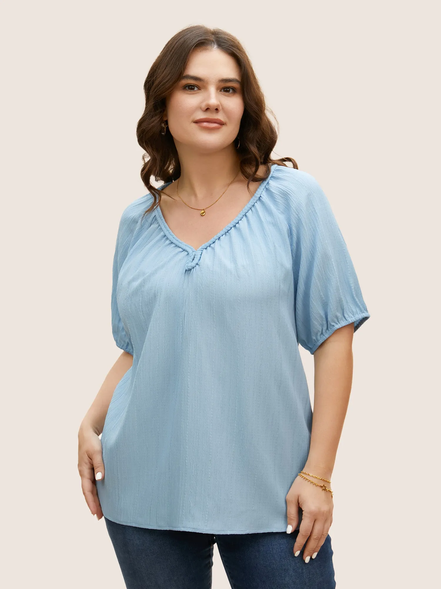 Plain Textured Woven Ribbon Keyhole Blouse sold by Bloomchic