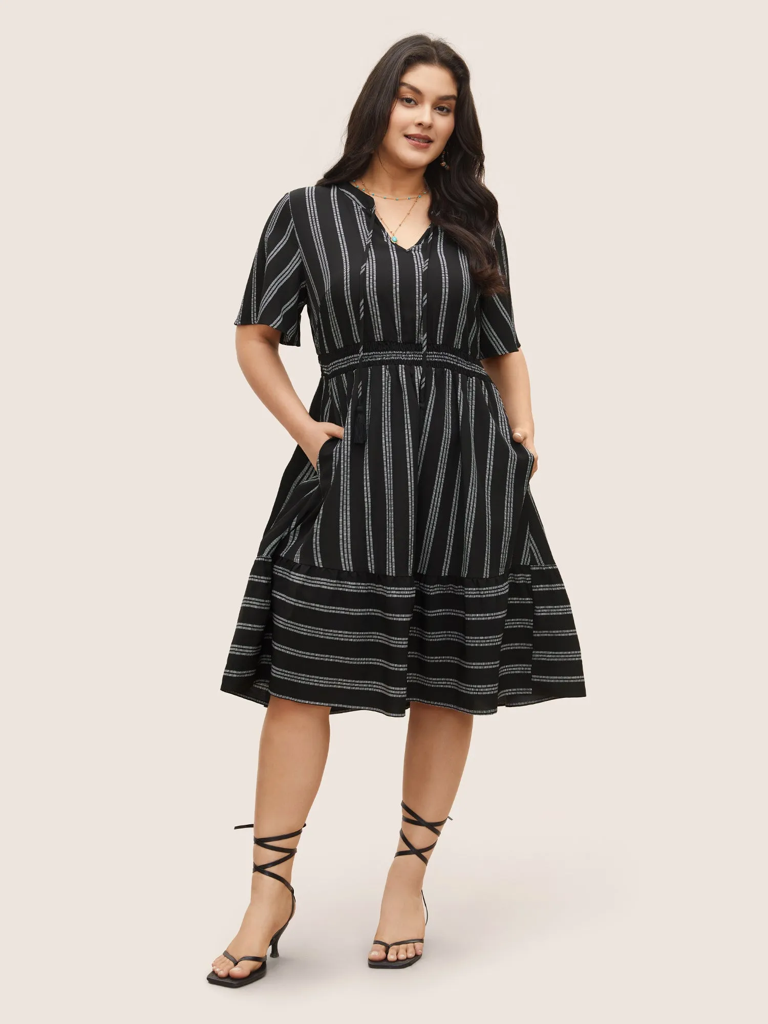 Striped Patchwork Tassels Ties Shirred Dress sold by Bloomchic product image thumbnail 2