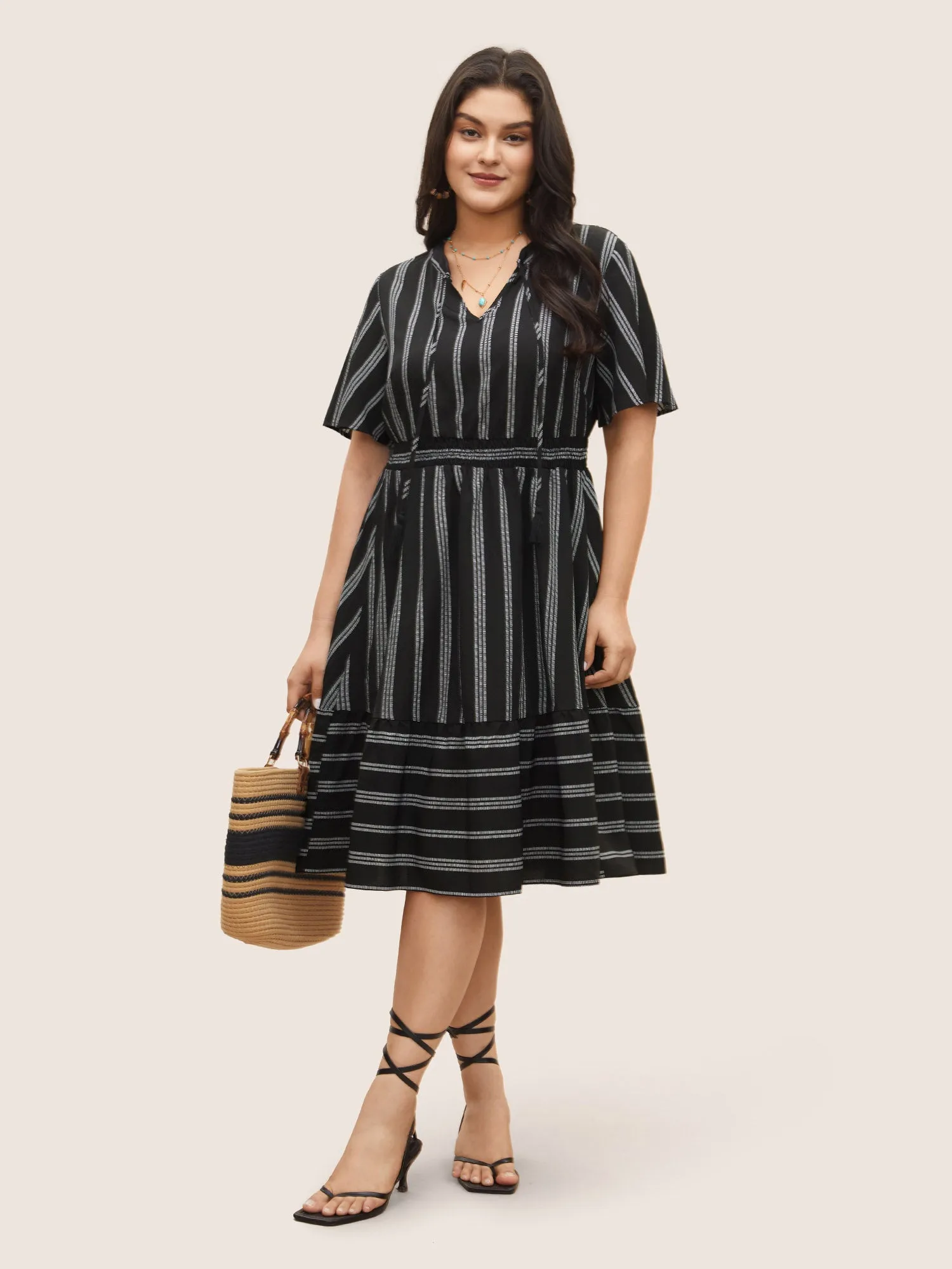 Striped Patchwork Tassels Ties Shirred Dress sold by Bloomchic