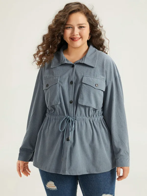 Plain Corduroy Pocket Button Through Drawstring Knot Coat sold by Bloomchic