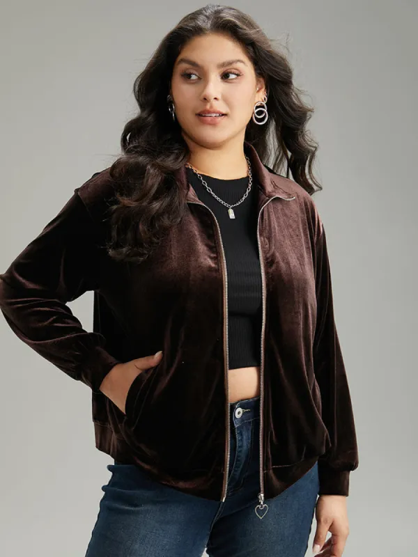 Velvet Solid Pocket Heart Zipper Jacket sold by Bloomchic