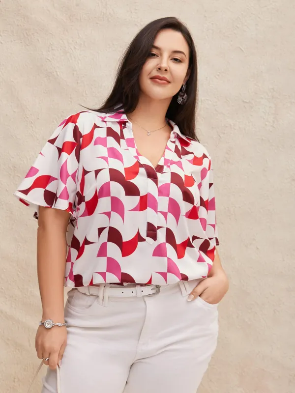 Contrast Geometric Shirt Collar Flutter Sleeve Blouse sold by Bloomchic
