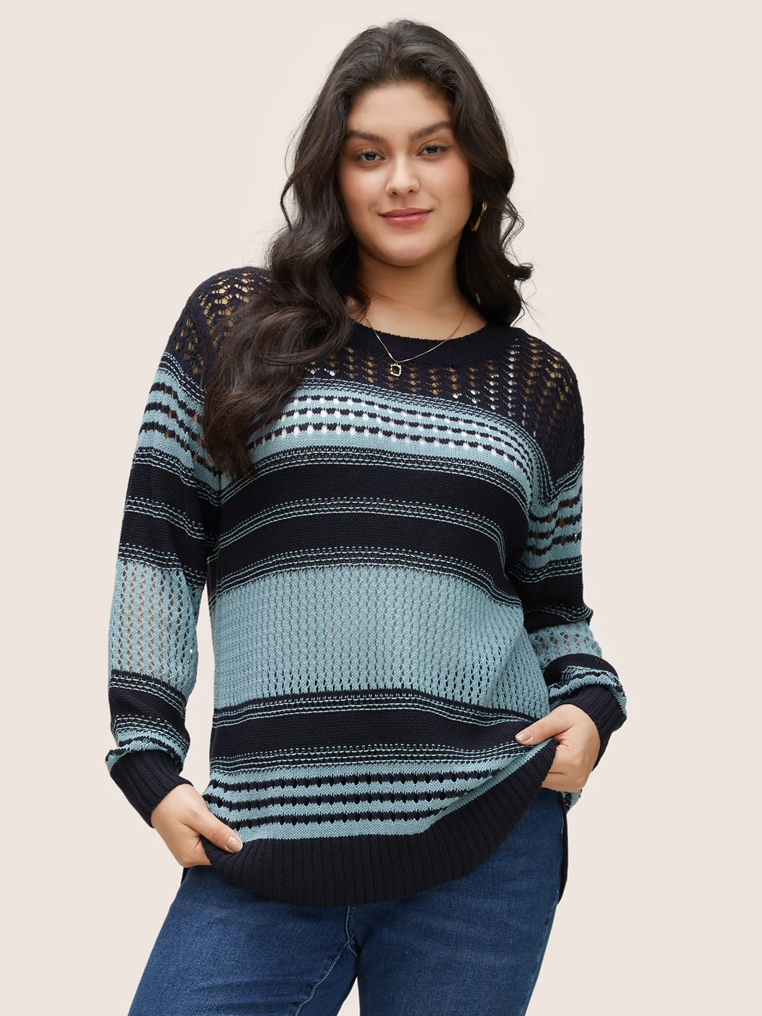 Striped Colorblock Patchwork Split Side Pullover sold by Bloomchic