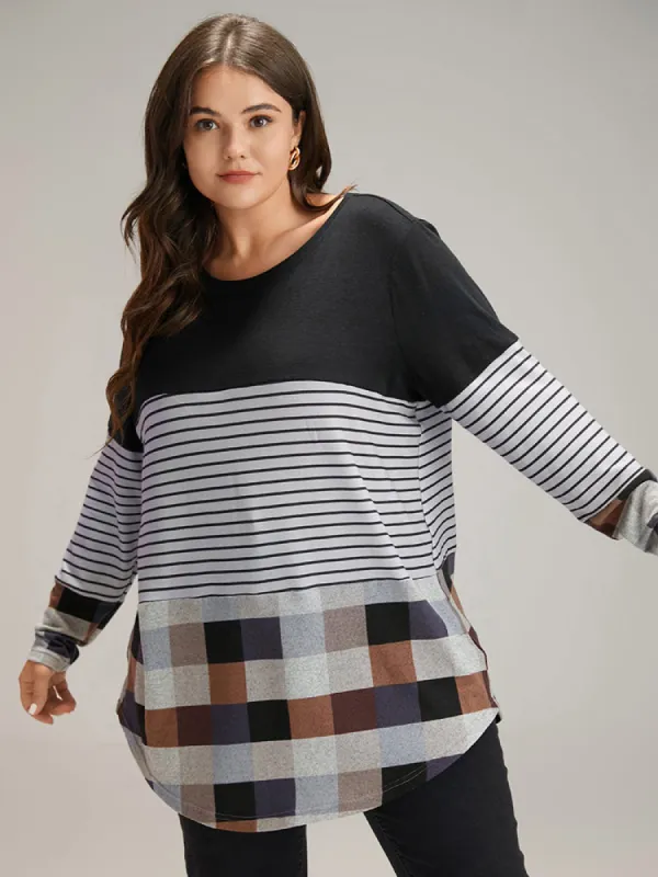 Plaid Striped Patchwork Arc HemT-shirt sold by Bloomchic