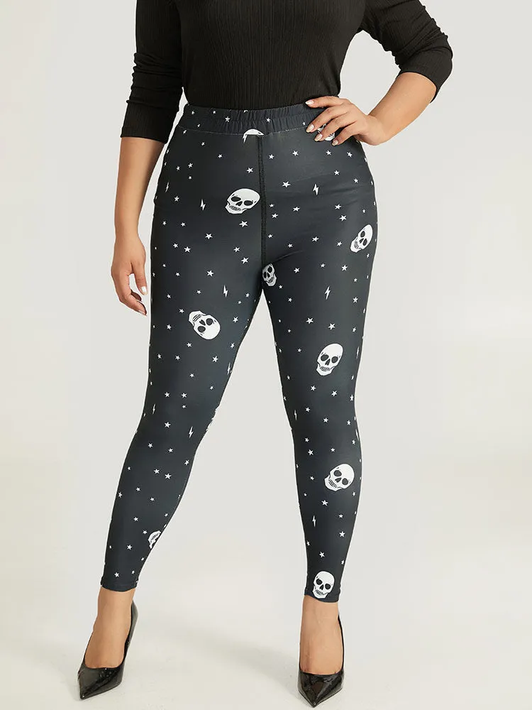 Halloween Skull & Star Print Elastic Waist Leggings sold by Bloomchic