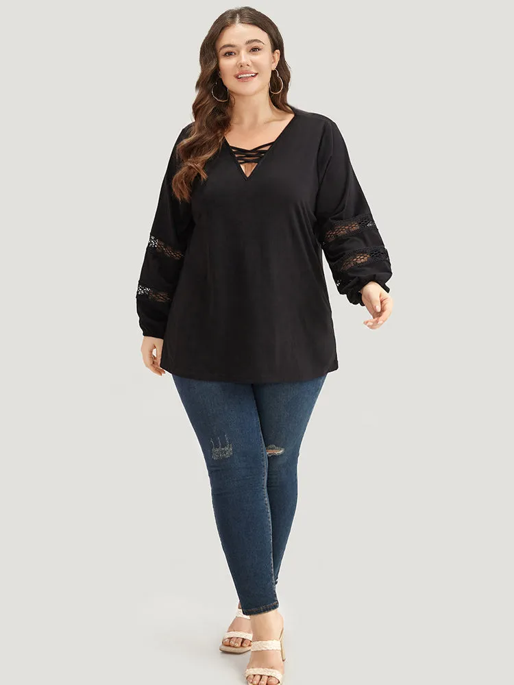 Solid Lace Insert Crisscross V Neck T-shirt sold by Bloomchic product image thumbnail 5