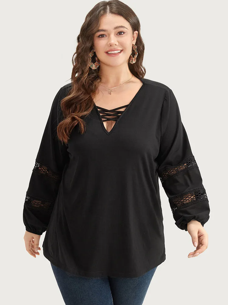 Solid Lace Insert Crisscross V Neck T-shirt sold by Bloomchic product image thumbnail 3