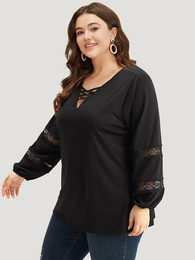 Solid Lace Insert Crisscross V Neck T-shirt sold by Bloomchic product image thumbnail 4