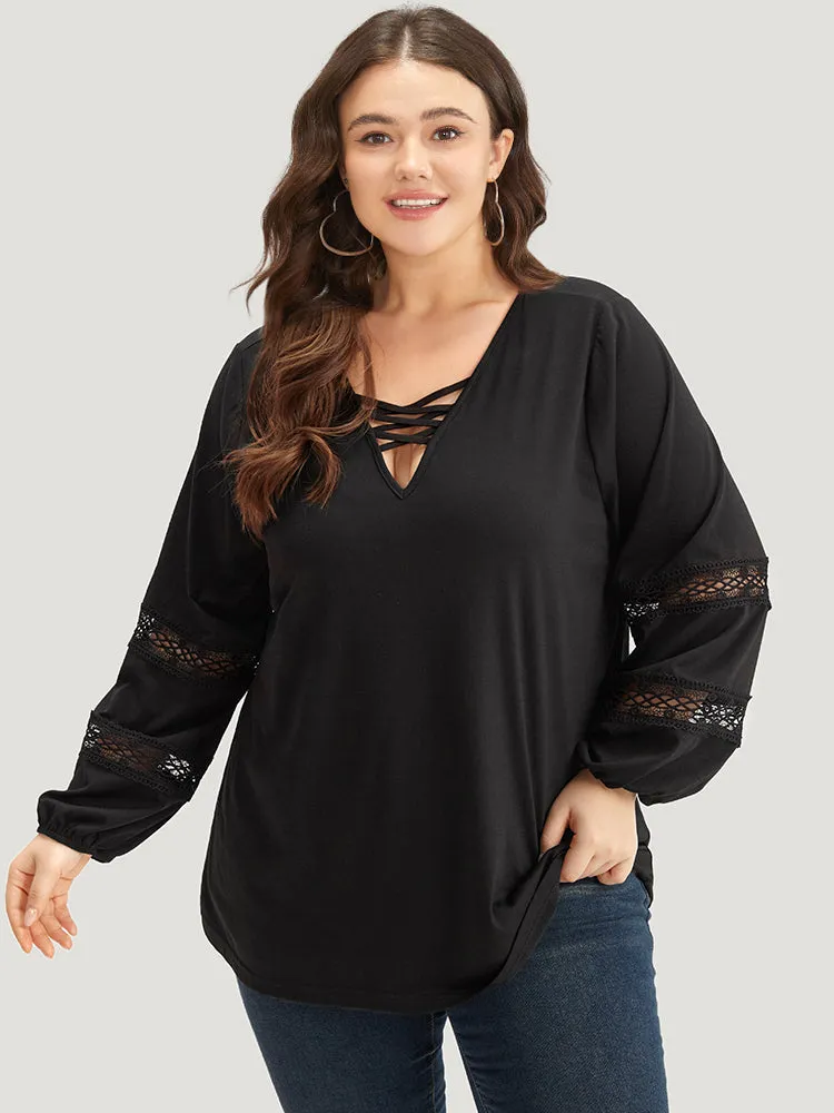 Solid Lace Insert Crisscross V Neck T-shirt sold by Bloomchic