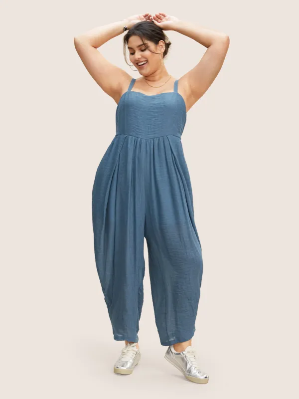 Square Neck Plain Textured Cropped Jumpsuit sold by Bloomchic