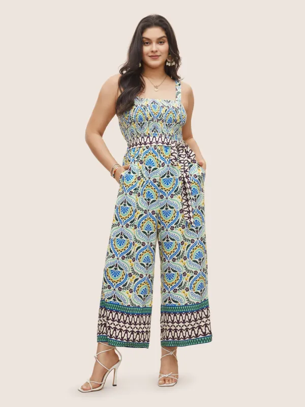 Boho Print Shirred Belted Adjustable Straps Jumpsuit sold by Bloomchic
