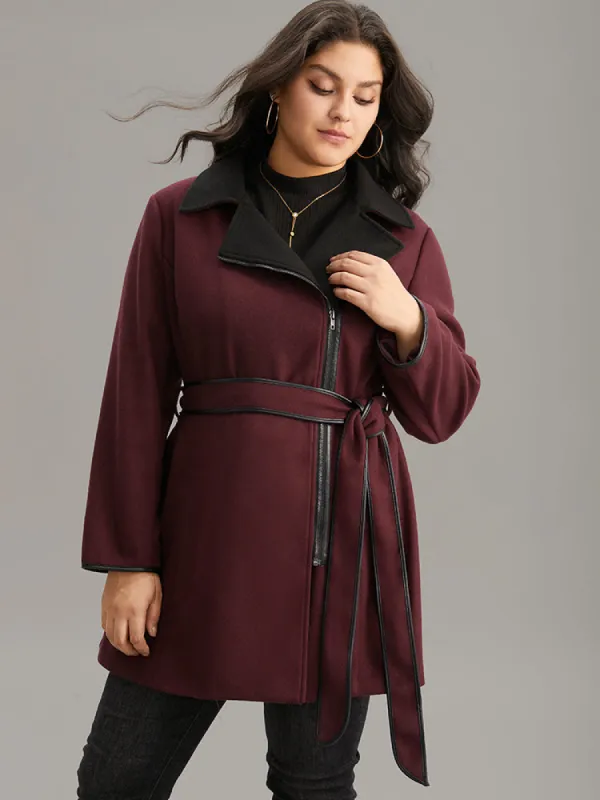 Lapel Collar Contrast Patchwork Zipper Belted Coat sold by Bloomchic