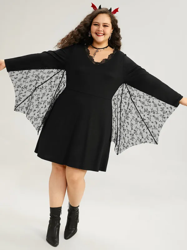 Halloween Plain Contrast Lace Flutter Hem Dress sold by Bloomchic