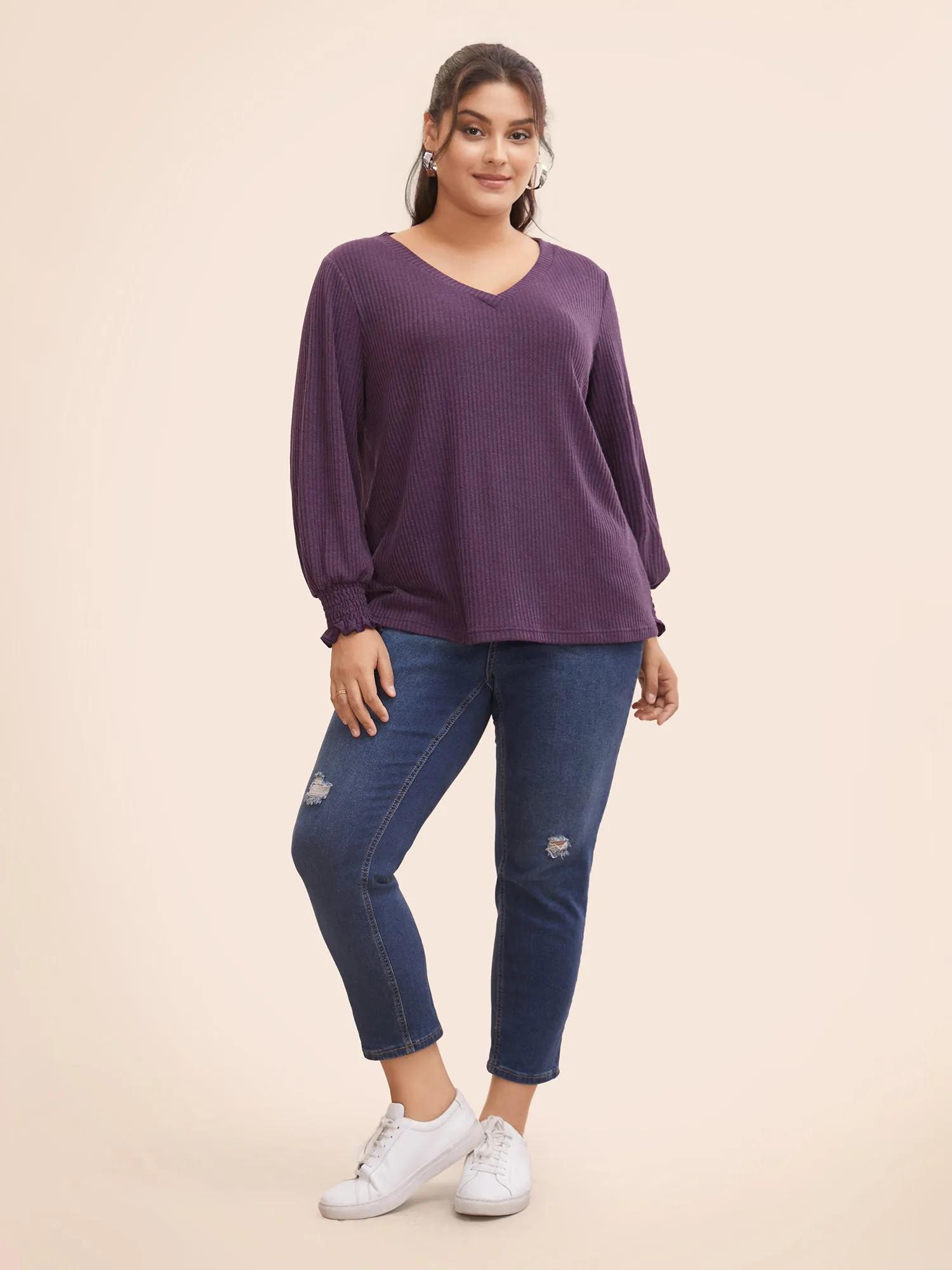 Solid Rib Knit Lantern Sleeve Shirred T-shirt sold by Bloomchic product image thumbnail 3