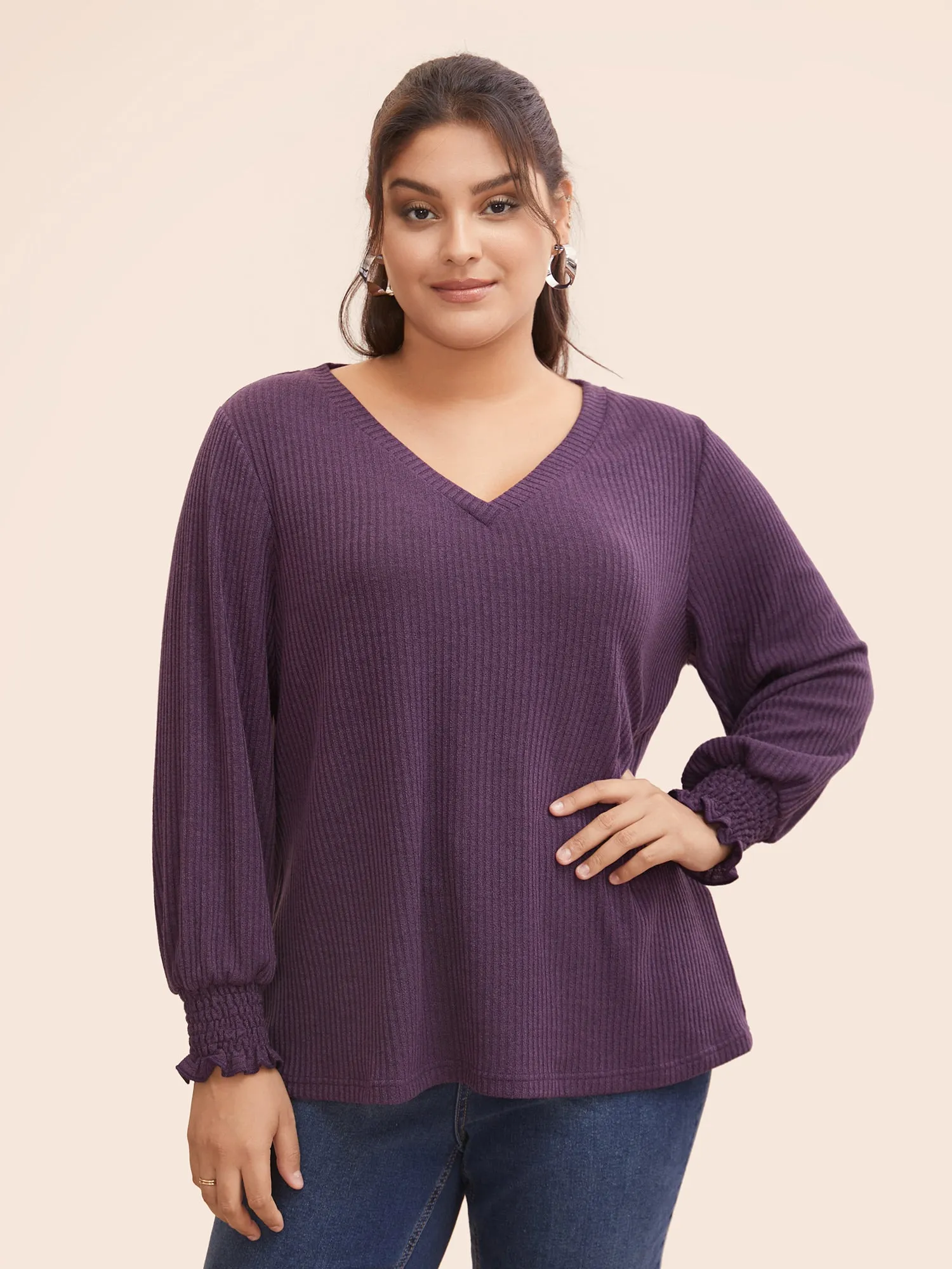 Solid Rib Knit Lantern Sleeve Shirred T-shirt sold by Bloomchic