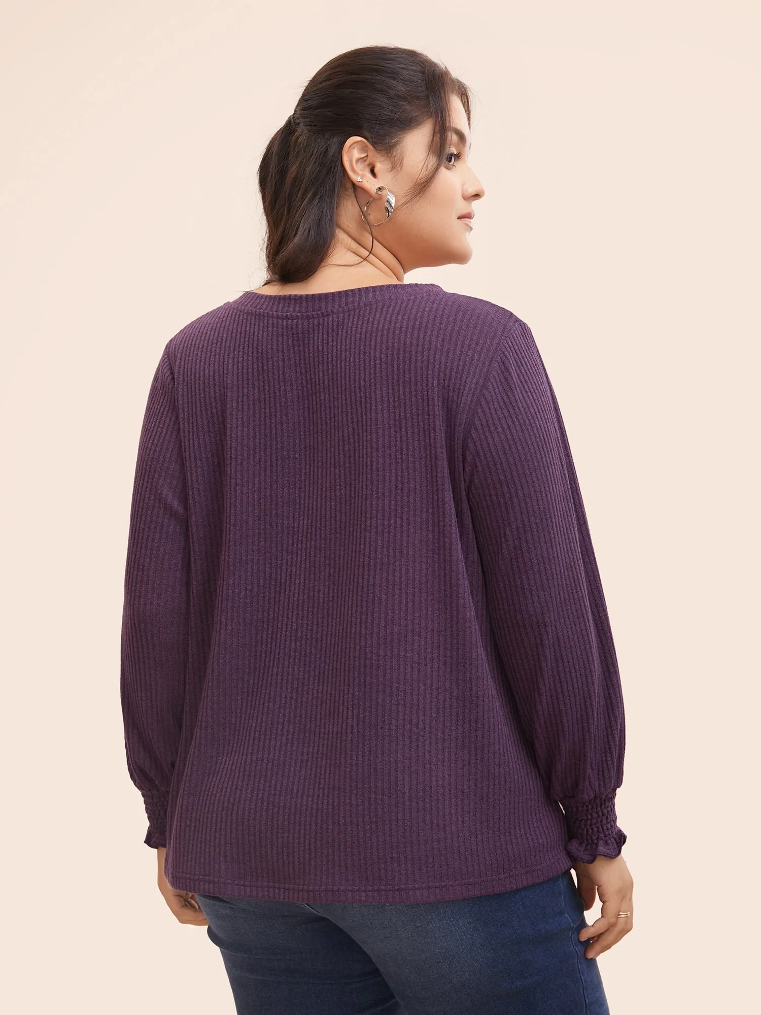 Solid Rib Knit Lantern Sleeve Shirred T-shirt sold by Bloomchic product image thumbnail 2