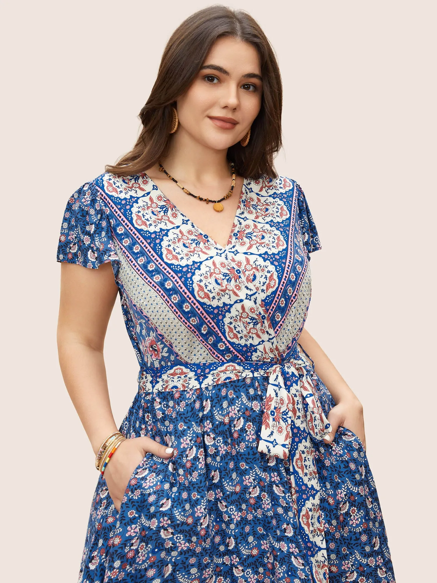 Boho Print Surplice Neck Belted Dress sold by Bloomchic product image thumbnail 4