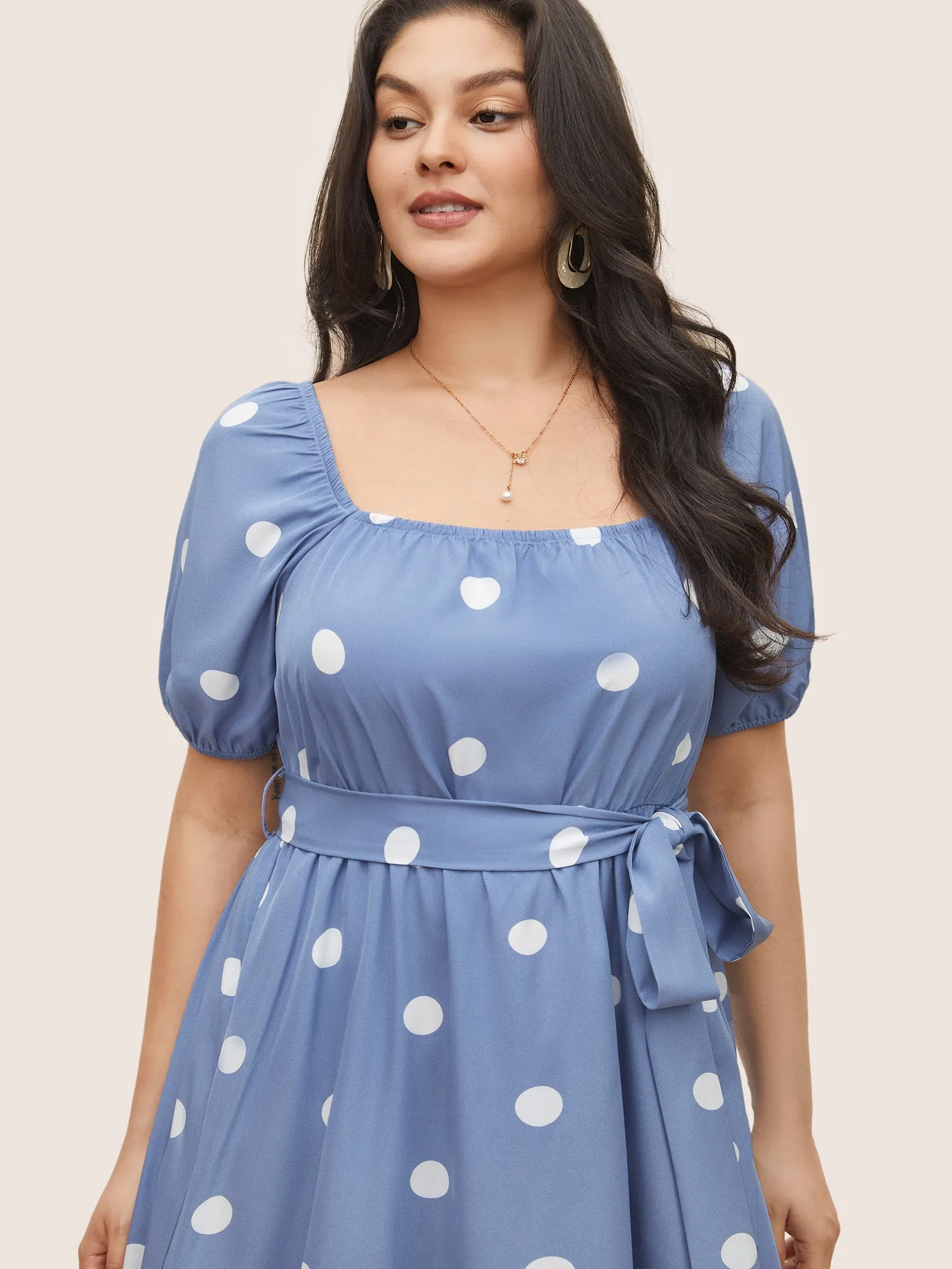 Polka Dot Gathered Belted Lantern Sleeve Dress sold by Bloomchic product image thumbnail 4