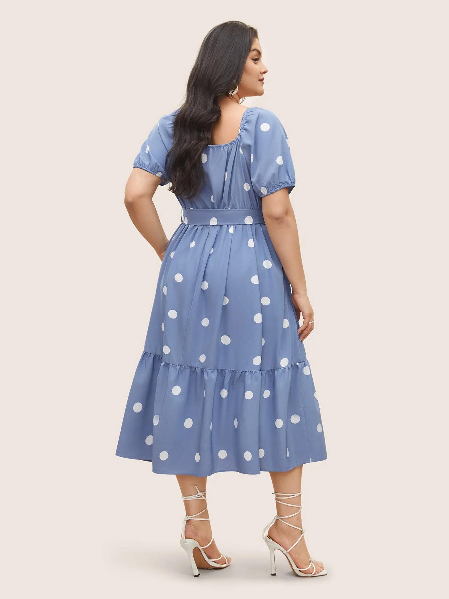 Polka Dot Gathered Belted Lantern Sleeve Dress sold by Bloomchic product image thumbnail 3