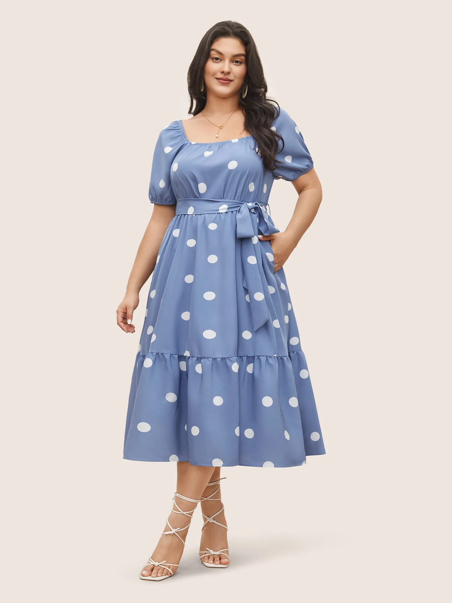 Polka Dot Gathered Belted Lantern Sleeve Dress sold by Bloomchic