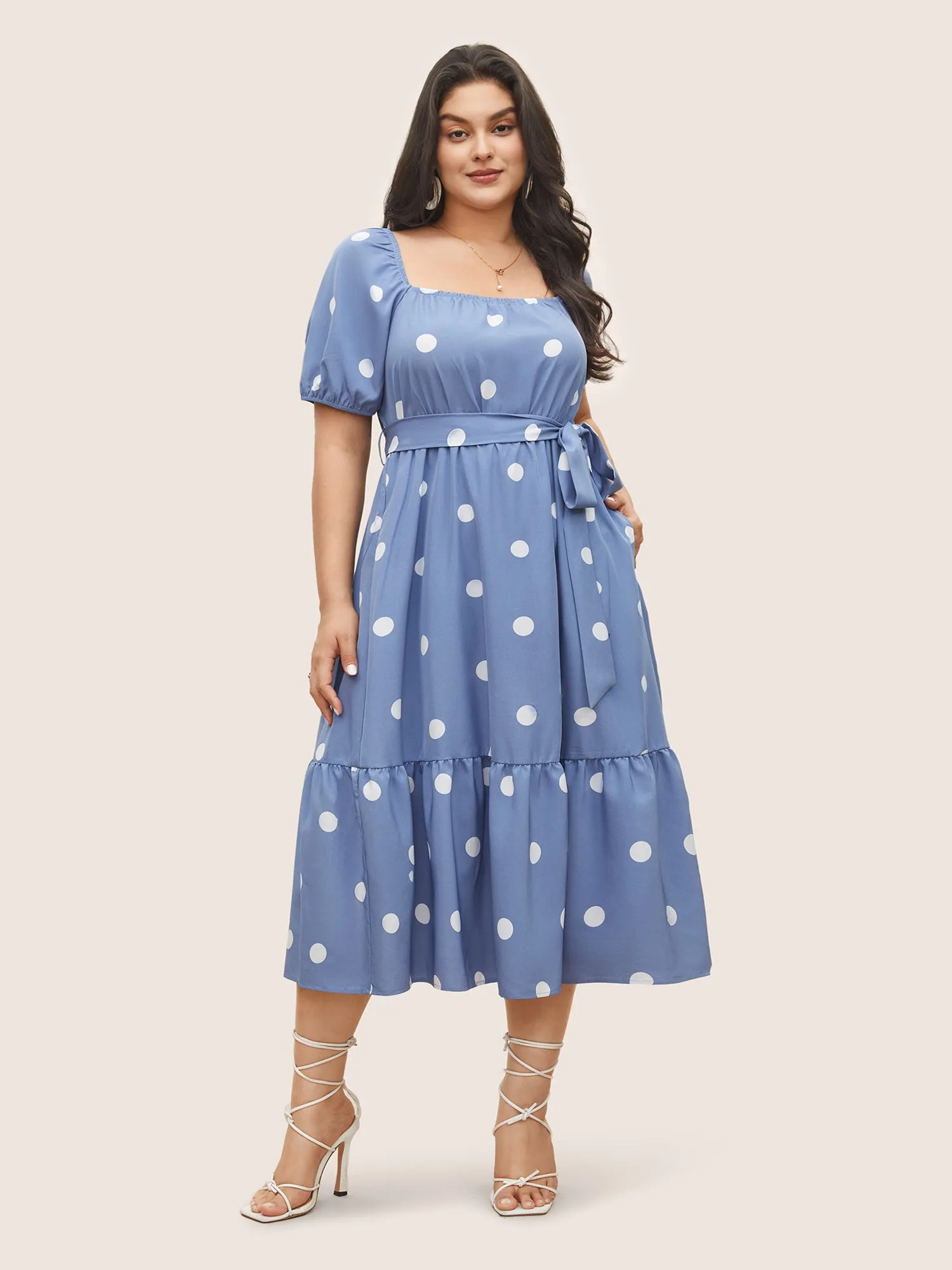 Polka Dot Gathered Belted Lantern Sleeve Dress sold by Bloomchic product image thumbnail 2