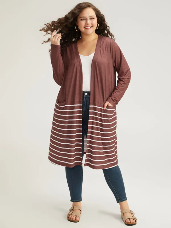 Striped Contrast Pocket Open Front Kimono sold by Bloomchic