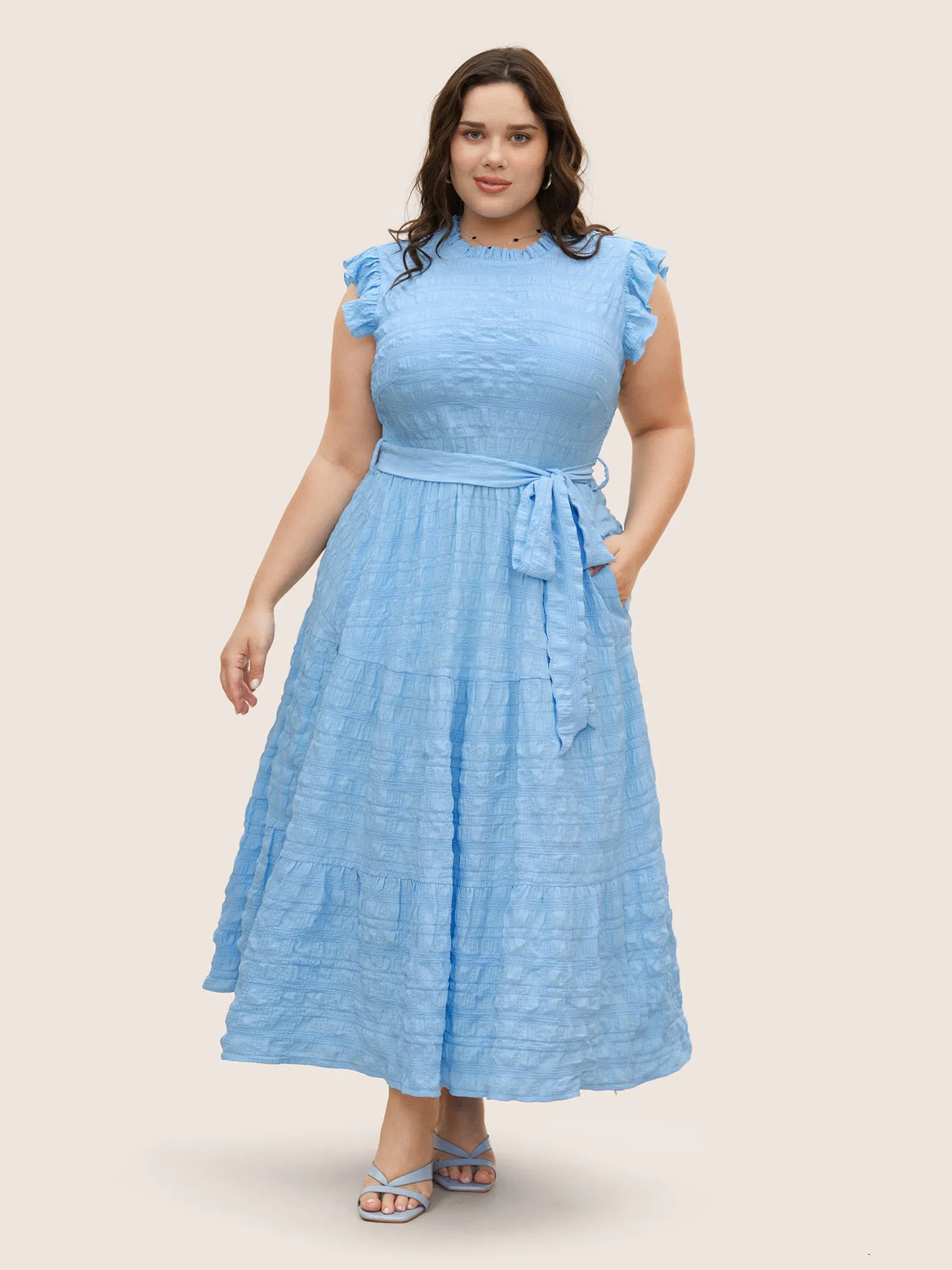 Texture Mock Neck Ruffle Cap Sleeve Dress sold by Bloomchic