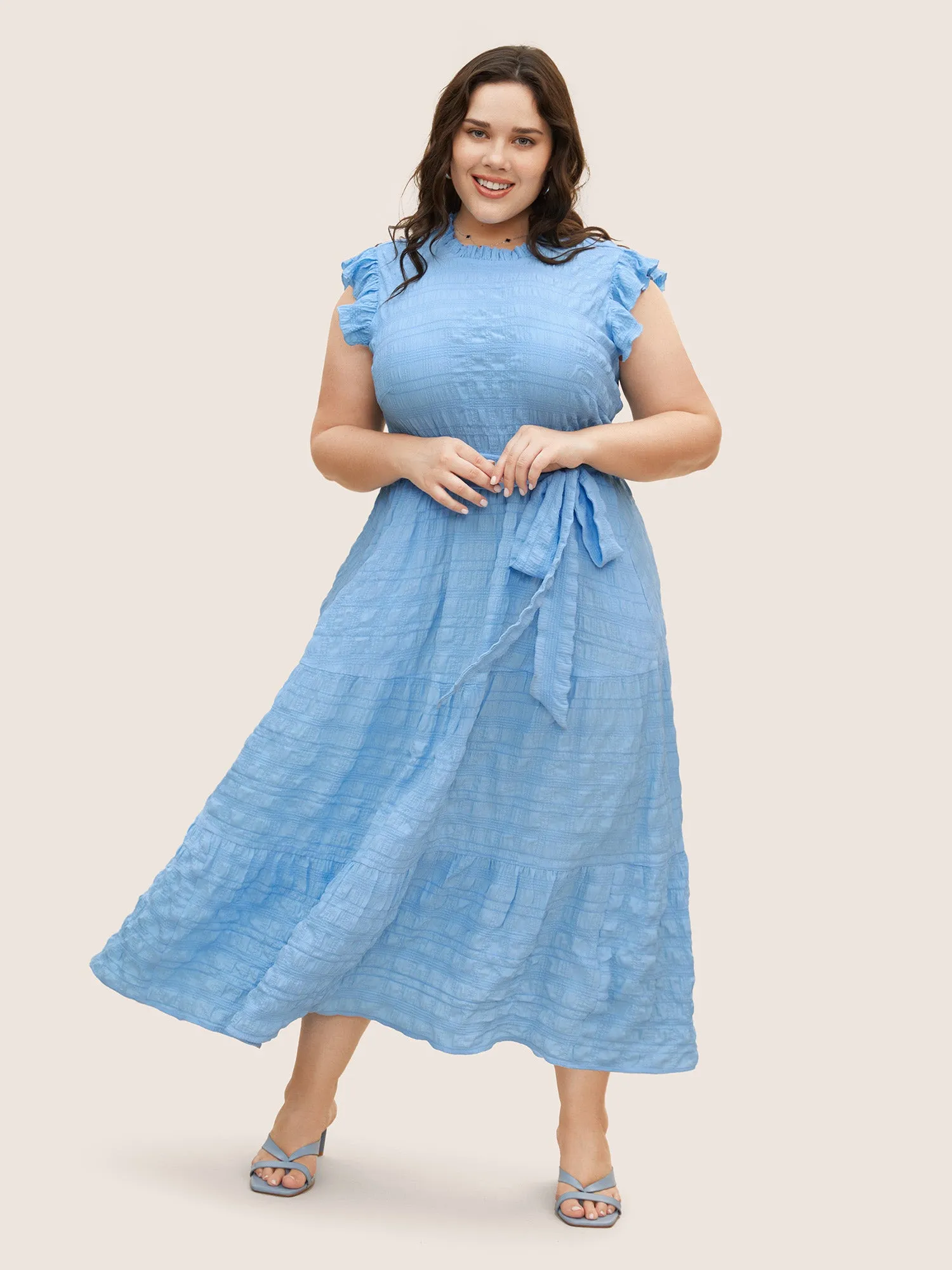 Texture Mock Neck Ruffle Cap Sleeve Dress sold by Bloomchic product image thumbnail 2