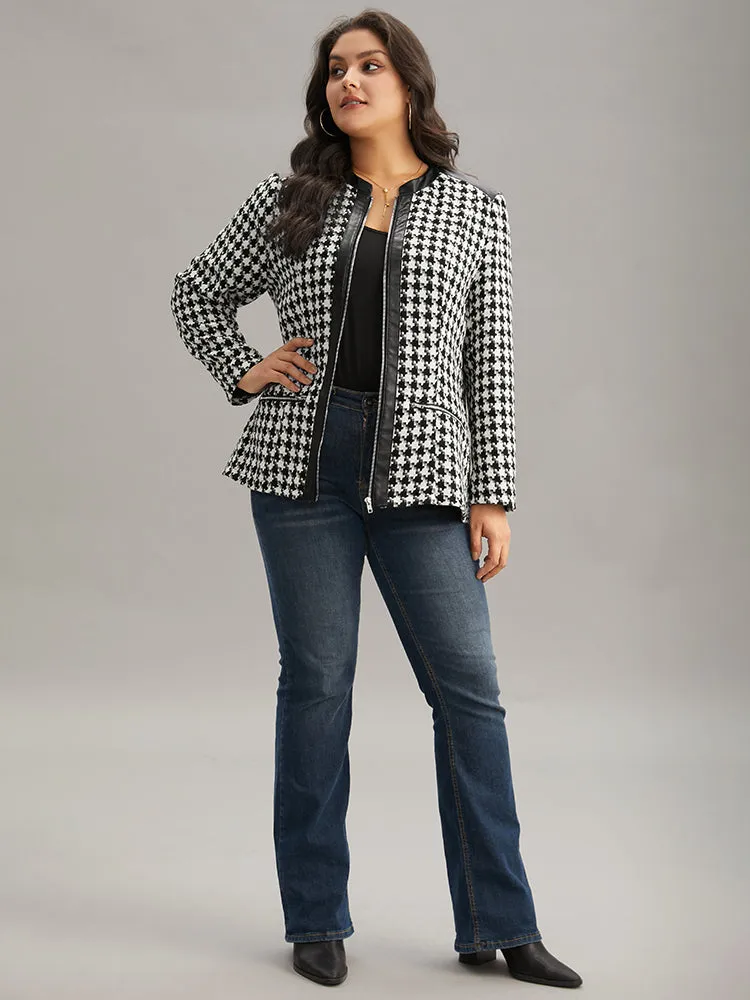 Houndstooth PU Leather Patchwork Tweed Zipper Blazer sold by Bloomchic product image thumbnail 3