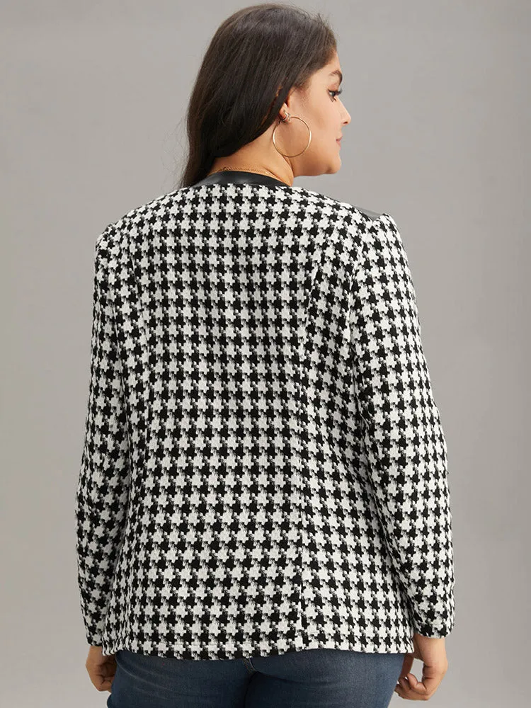 Houndstooth PU Leather Patchwork Tweed Zipper Blazer sold by Bloomchic product image thumbnail 4