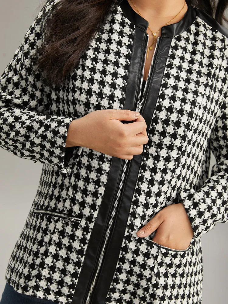 Houndstooth PU Leather Patchwork Tweed Zipper Blazer sold by Bloomchic product image thumbnail 5