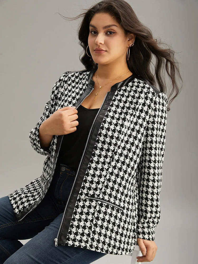 Houndstooth PU Leather Patchwork Tweed Zipper Blazer sold by Bloomchic product image thumbnail 2