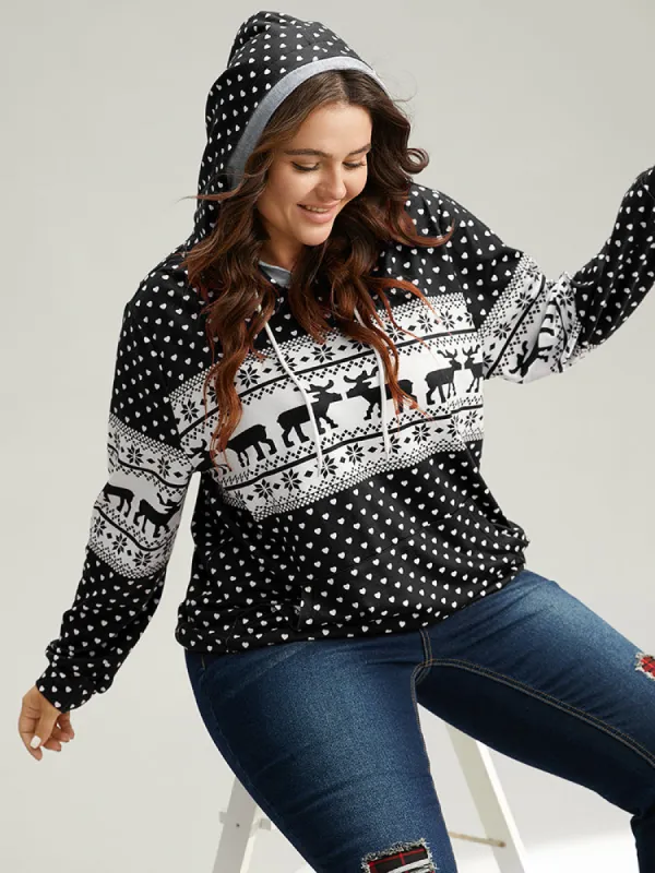 Christmas Elk Contrast Kangaroo Pocket Hooded Sweatshirt sold by Bloomchic